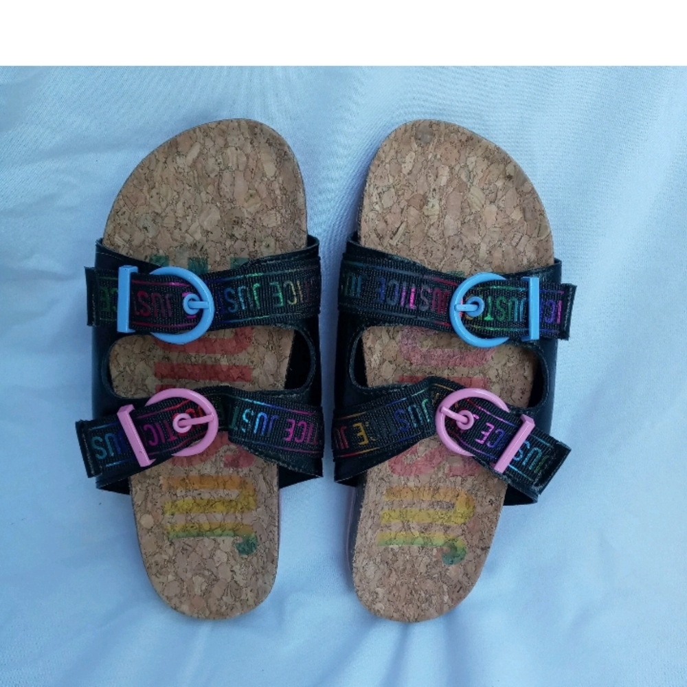 Justice Girls Colorful Logo Double-Strap Footbed sandals 4 Molded Contoured Cork